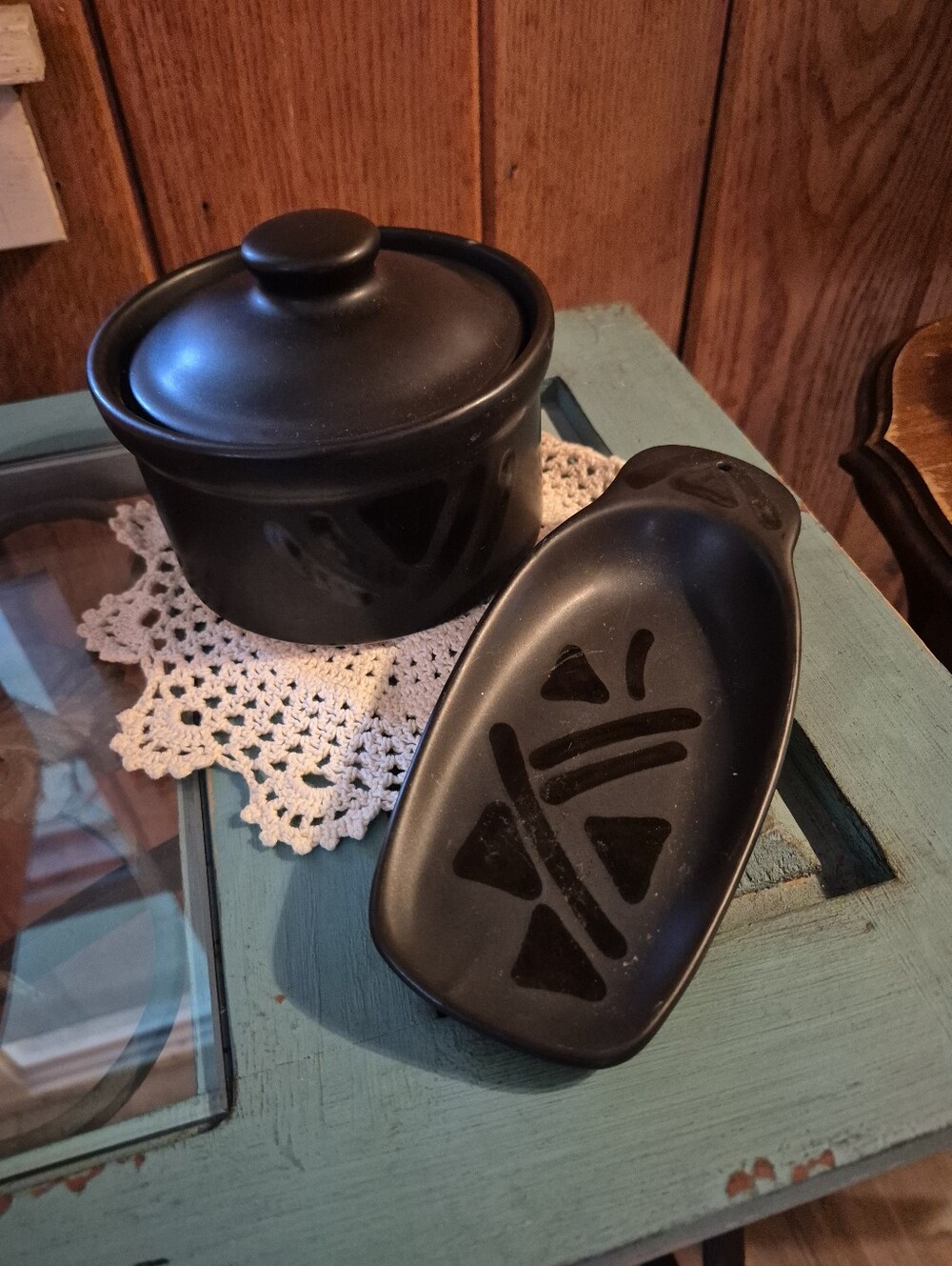 ❤️🔥 3pc. Pflaltzgraff Black Glass Dish With Lid And Spoon Rest
